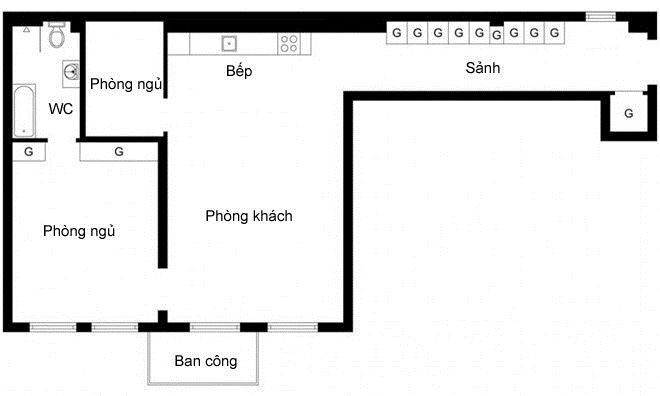 Bản thiết kế nội thất căn hộ 86m2, 2 phòng ngủ.