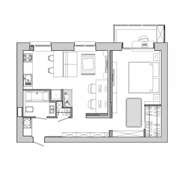 Bản thiết kế và bố trí nội thất cho căn hộ 48m2.