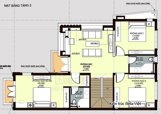 Diện tích tầng 2: 112m2 + 6,5m2 ban công.