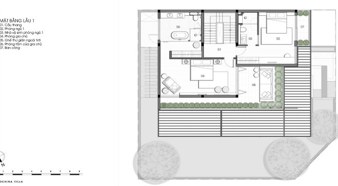 Bản thiết kế mặt bằng tầng 2 của biệt thự hiện đại.