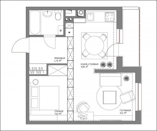 Bản thiết kế nội thất căn hộ 43.5m2 