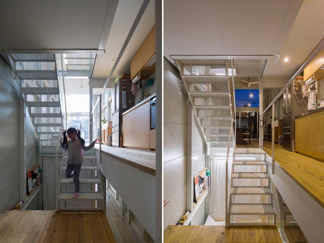 Dù có nhiều tầng nhưng ngôi nhà vẫn có sự kết nối giữa các không gian với nhau. Thiết kế của cầu thang rất nhẹ nhàng, thoáng đãng và không chiếm quá nhiều diện tích 