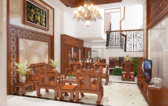 Một phòng khách thuần Việt với nội thất gỗ chủ đạo. Một không gian sử dụng nhiều mảng gỗ tự nhiên nhưng không bị rườm rà nhờ những đường nét hoa văn trang trí mềm mại, tinh tế