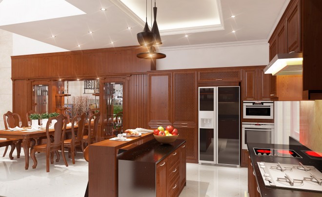 Phòng ăn và bếp cũng được sử dụng nội thất gỗ đem đến cảm giác liền mạch về thị giác mà không kém phần trang nhã 