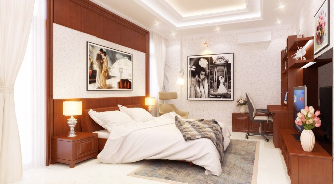 Màu trắng kem hoà hợp với chất liệu gỗ tự nhiên khiến phòng ngủ master thêm phần thanh lịch 