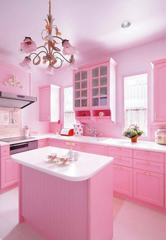 Không gian căn bếp màu hồng nhạt 