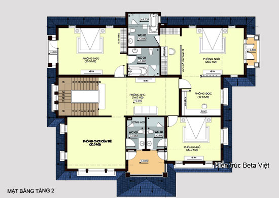 Bản thiết kế tầng 2: 200m2 + 14,7m2 ban công.