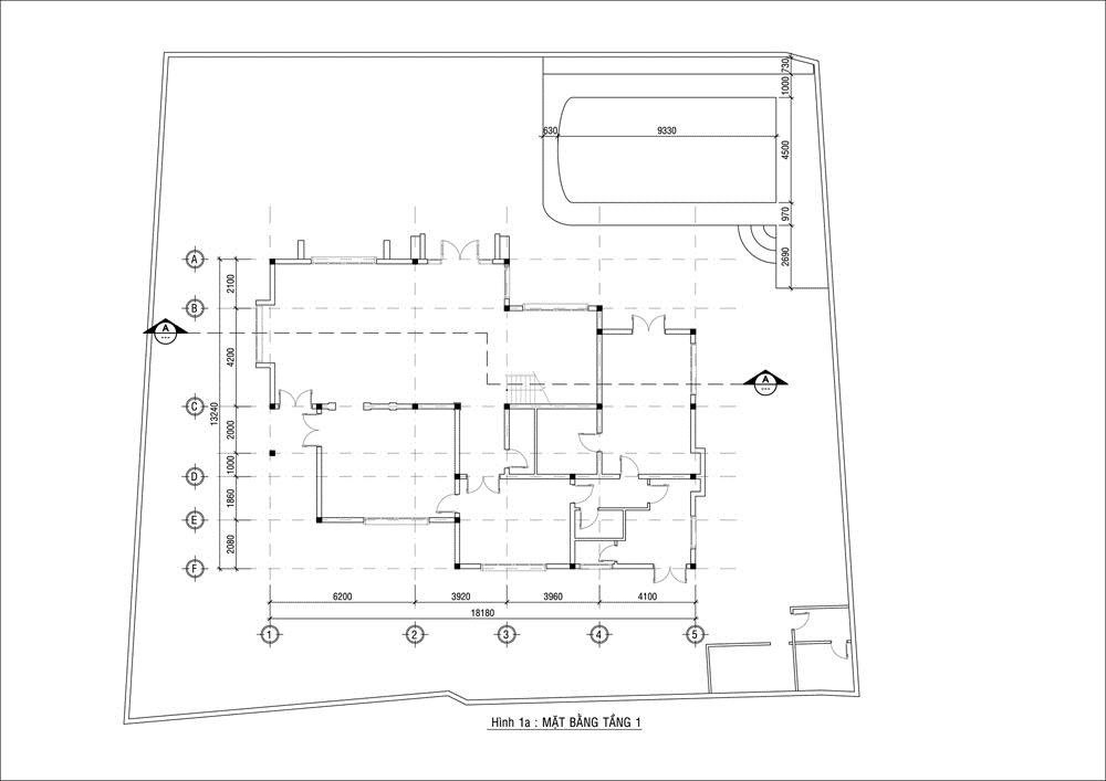 Bản thiết kế và bố trí nội thất của không gian tầng 1.