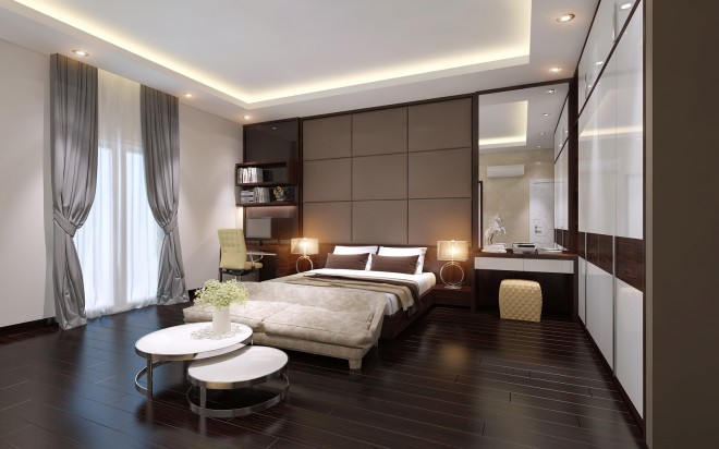 Phòng ngủ của con trai được thiết kế rộng, sử dụng tông màu trung tính