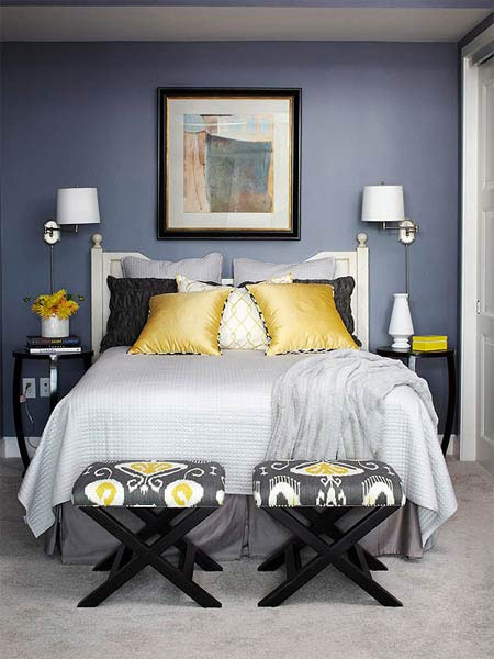 Không gian phòng ngủ sang trọng từ sự kết hợp màu vàng chanh và màu đá