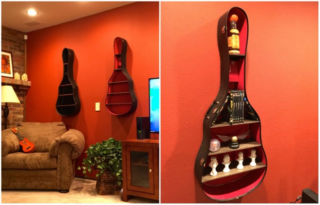 Vỏ đàn guitar có thể trở thành ngăn để đồ trang trí trong phòng khách