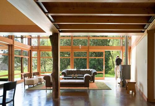 Hệ cửa kính lớn kết hợp với khung gỗ mang lại sự thân thiện và cởi mở