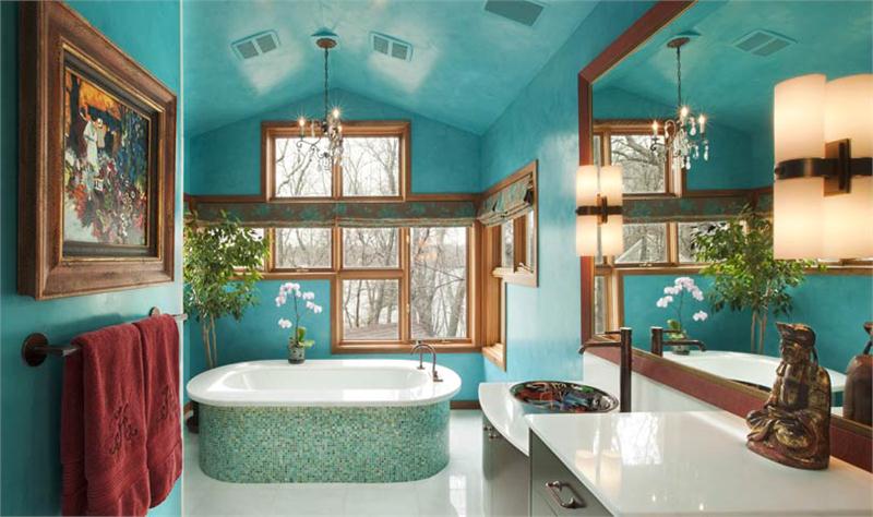 Sự pha trộn tươi mát giữa màu xanh ngọc bích, những bức tường màu xanh nước biển  ​tạo nên cảm giác mát mẻ và sạch sẽ cho cả căn phòng