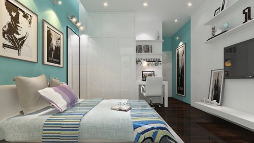 Phòng ngủ đầy cá tính cho người độc thân với gam màu xanh nhạt cùng  với những bức tranh nghệ thuật nhiều kích cỡ