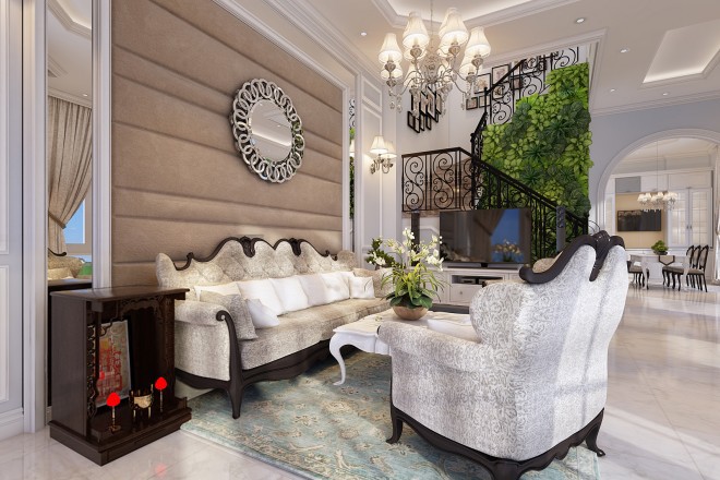 Phòng khách theo phong cách bán cổ điển với những tông màu trung tính như trắng, kem và nâu
