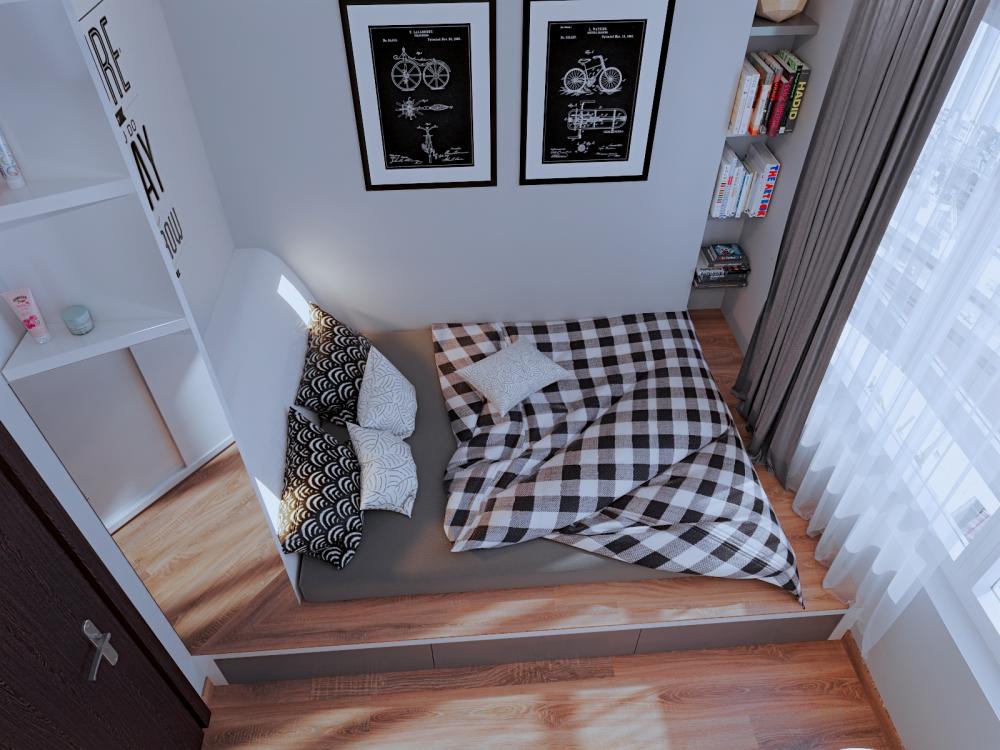Giường ngủ là một hệ nâng sàn với dãy hộc kéo bên dưới sàn vừa tiết kiệm  ​không gian, vừa tạo cảm giác mới lạ hơn một chiếc giường đơn thuần