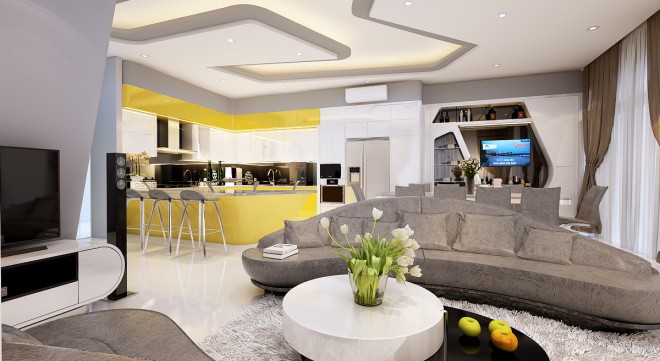 Không gian sinh hoạt chung của gia đình, thiết kế liên thông  ​giữa phòng bếp và phòng khách