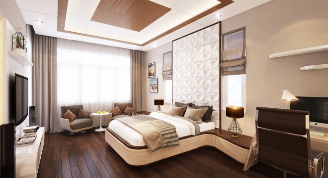 ​Phòng ngủ master với tông màu trung tính, thích hợp cho chủ nhân tuổi trung niên