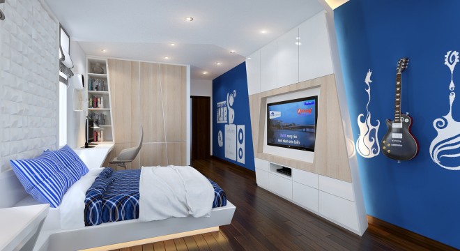 Phòng ngủ con trai với tông trắng xanh, bố trí nhạc cụ yêu thích,  ​mảng ốp 3D đầu giường phong cách trẻ trung