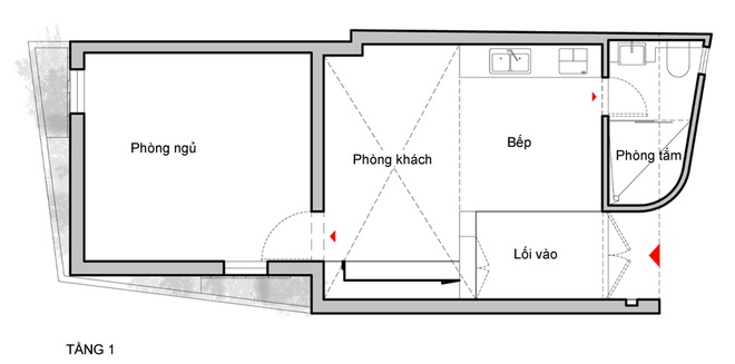 Tầng 1, phòng khách được thu hẹp lại do diện tích sinh hoạt chung được bố trí chủ yếu  ​trên tầng lửng mới làm, bếp được mở rộng hơn