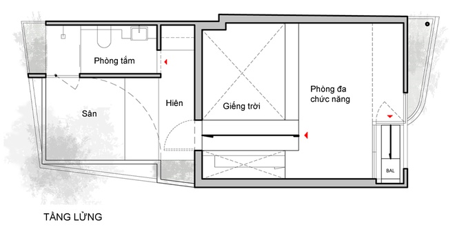 Khoảng sân, hiên, giếng trời giúp cho tầng lửng có nhiều ánh sáng tự nhiên - điều không có trong ngôi nhà cũ