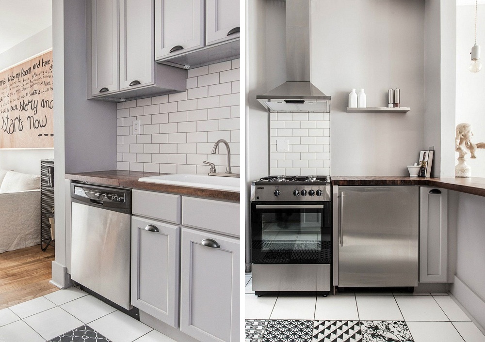 Tủ bếp sạch sẽ vớ chất liệu thép không gỉ bền bỉ cùng với những mảng tường ốp gạch mang lại sự hiện đại cho không gian bếp​