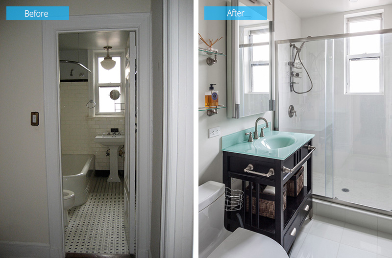 Hình ảnh phòng tắm trước và sau khi cải tạo, bồn tắm được thay bằng vòi tắm đứng và sàn mới