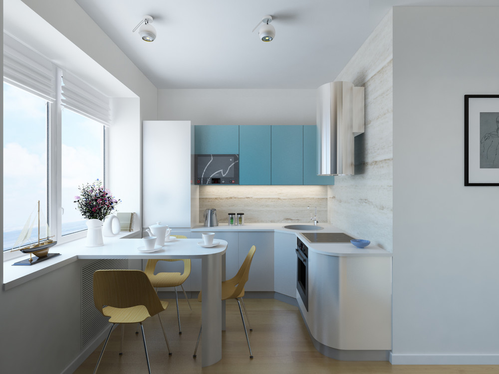 Phòng bếp sử dụng những tông màu nhã nhặn như xanh, trắng kết hợp màu gỗ sàn