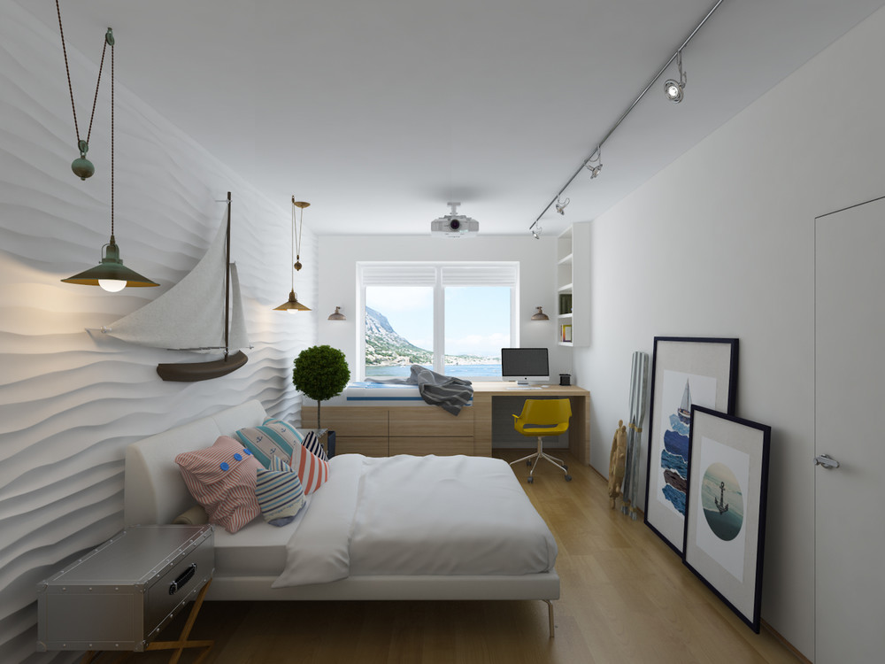 Phòng ngủ của căn nhà cũng được thiết kế tinh tế, mang đầy hơi thở của biển 