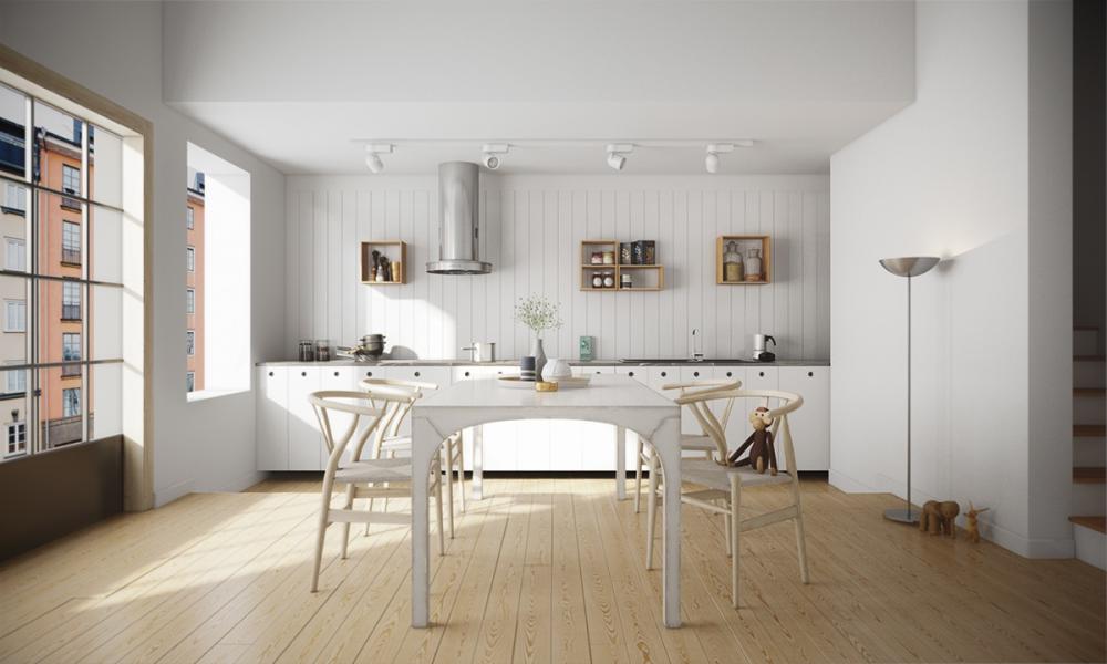 Phòng bếp đơn giản với màu trắng