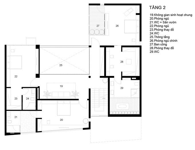 Sơ đồ bố trí tầng 2 của biệt thự