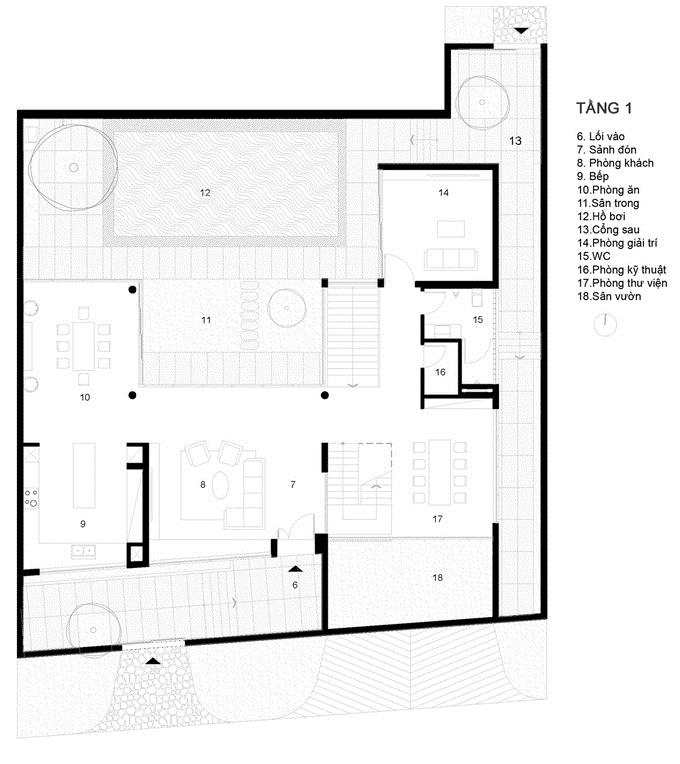 Sơ đồ bố trí tầng 1 của biệt thự