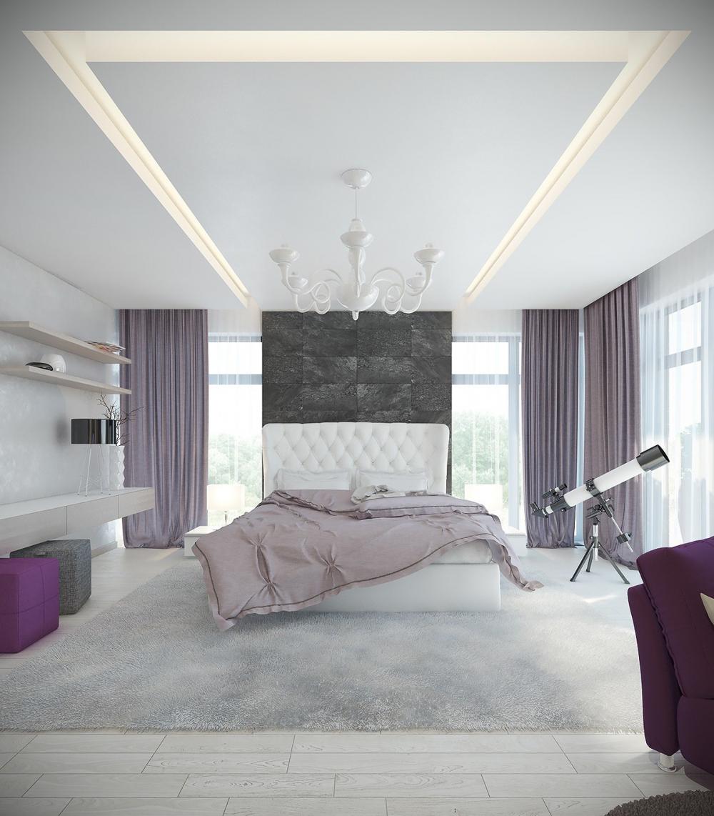 Các khung cửa kính cao từ trần xuống sàn nhà giúp ánh sáng tự nhiên tràn ngập phòng ngủ.