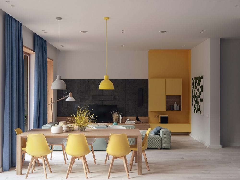 Ghế ăn cùng tông màu với đồ nội thất khác hoặc tường nhà là ý tưởng đáng để bạn tham khảo khi bài trí phòng ăn.