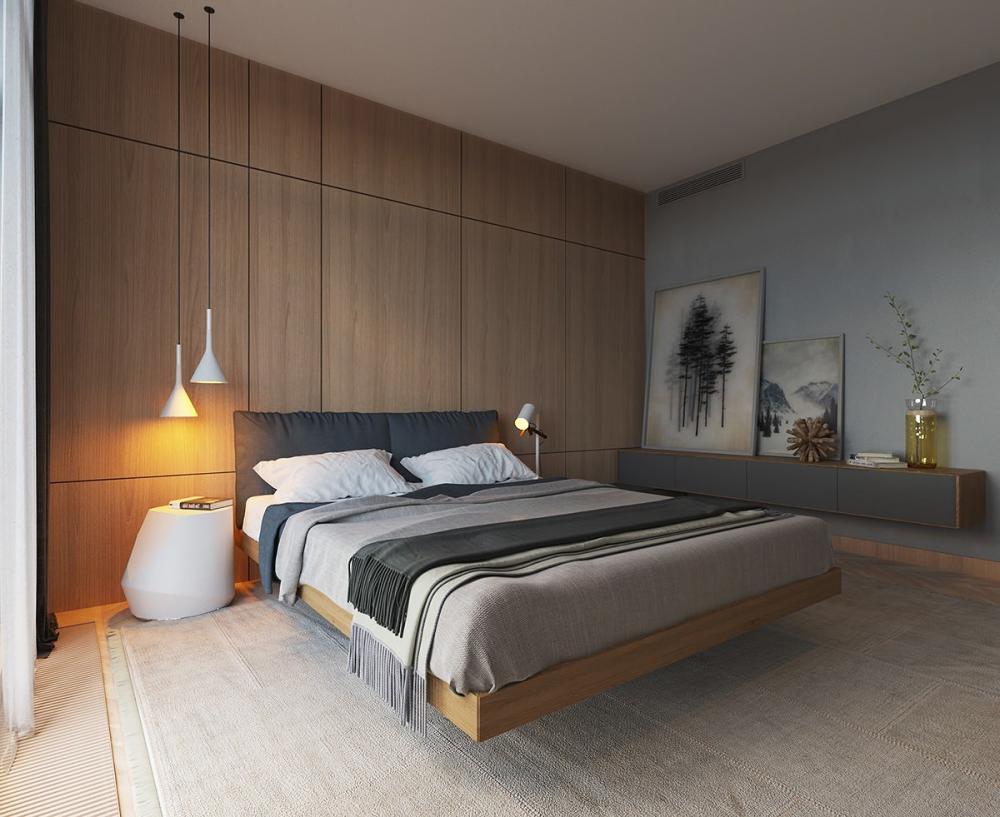 Kiến trúc sư khéo léo sử dụng ánh sáng với cường độ hợp lý để tạo chiều sâu cho phòng ngủ đơn sắc.