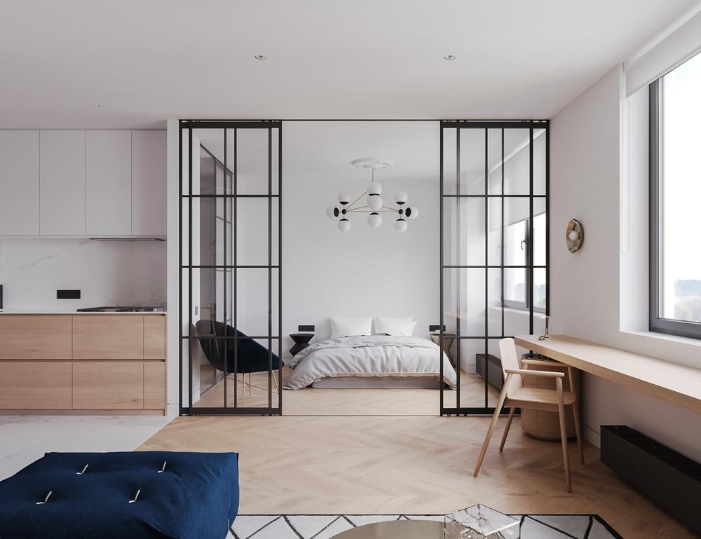 Cửa kính trượt linh hoạt giúp phân tách không gian ngủ nghỉ với khu vực sinh hoạt chung trong căn hộ có thiết kế tương phản.