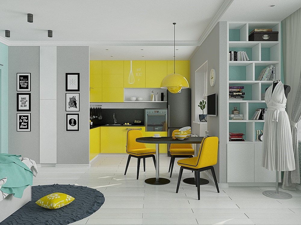 Tông màu vàng chanh nhấn nhá ở tủ bếp, ghế ăn và gối tựa