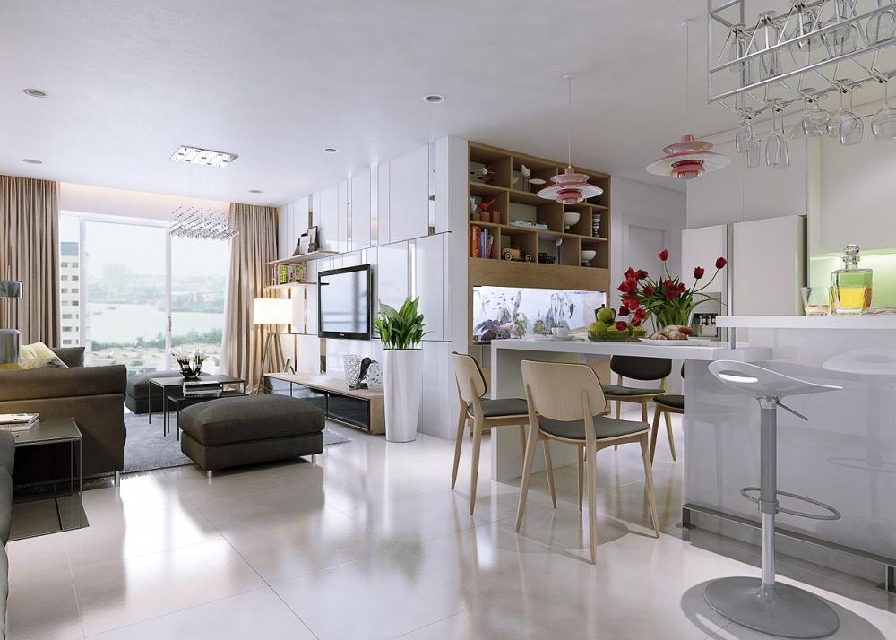 Phòng bếp trong căn hộ được thiết kế liên thông với không gian tiếp khách 