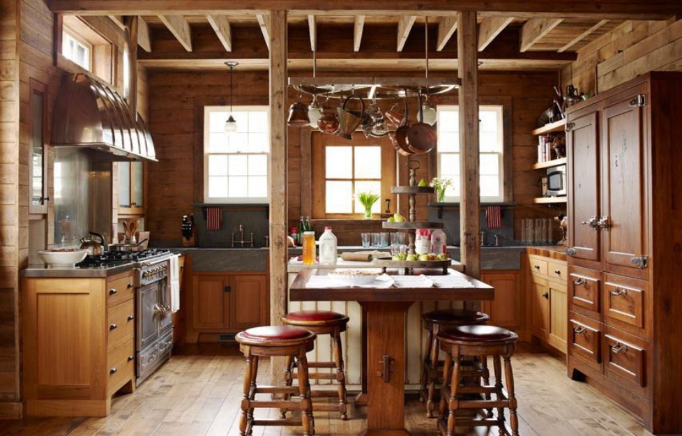 Sử dụng nội thất gỗ toàn bộ cho phòng bếp phong cách Rustic