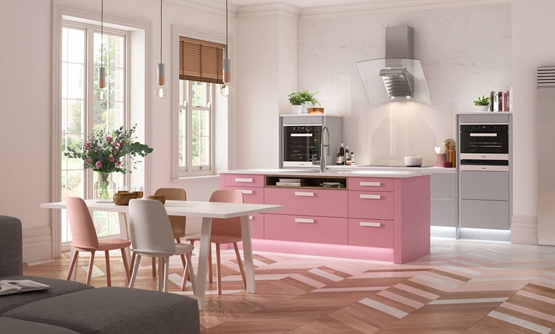 Phòng bếp tông màu hồng ấm áp và sang trọng