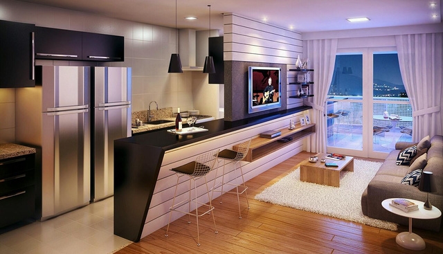 thiết kế phòng bếp liên thông với không gian tiếp khách