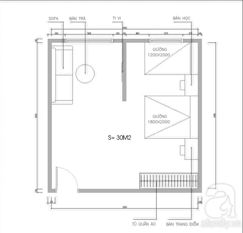 Bản vẽ mặt bằng thiết kế nội thất phòng 30m2