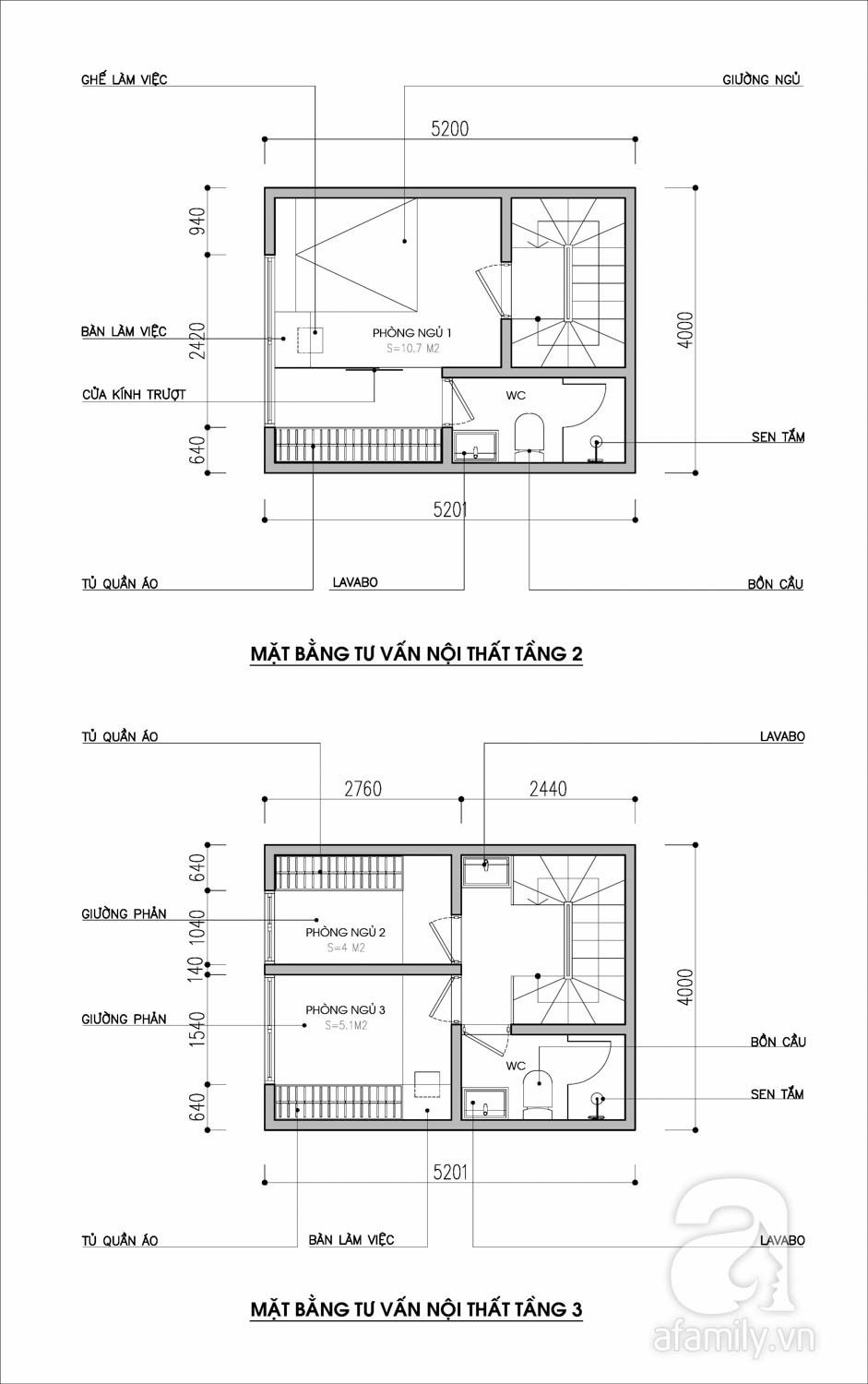 Mặt bằng tầng 2 và tầng 3 nhà ống