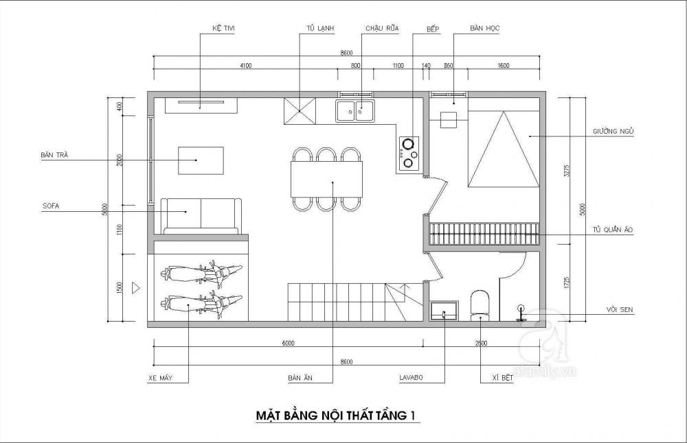 mặt bằng tầng 1 nhà ống