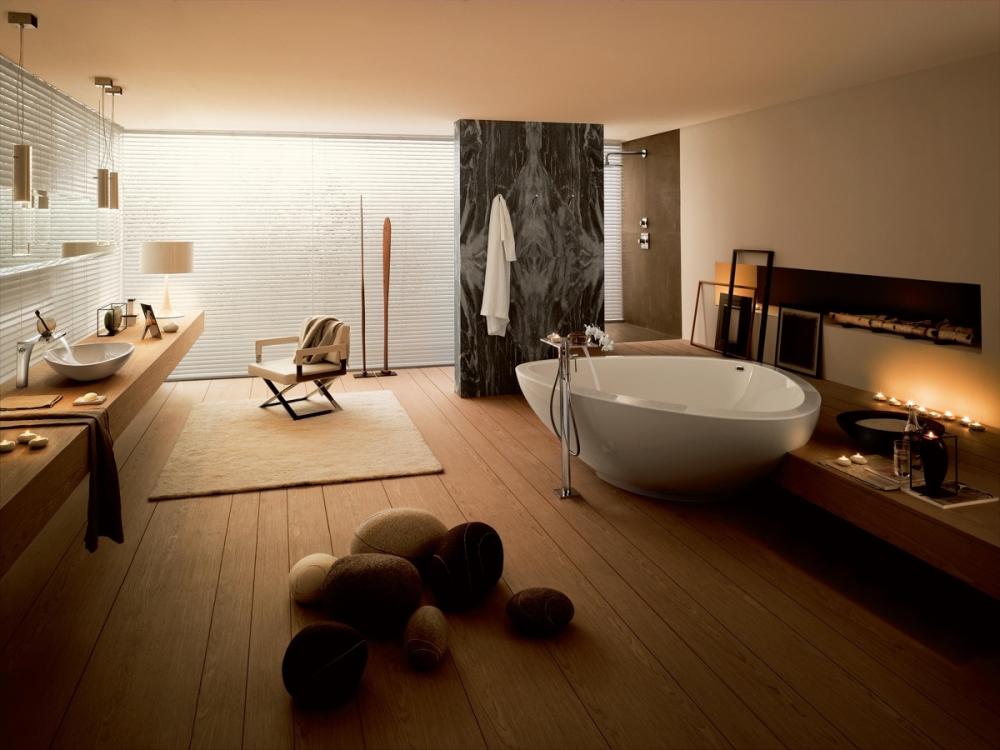 phòng tắm sử dụng nội thất gỗ chủ đạo