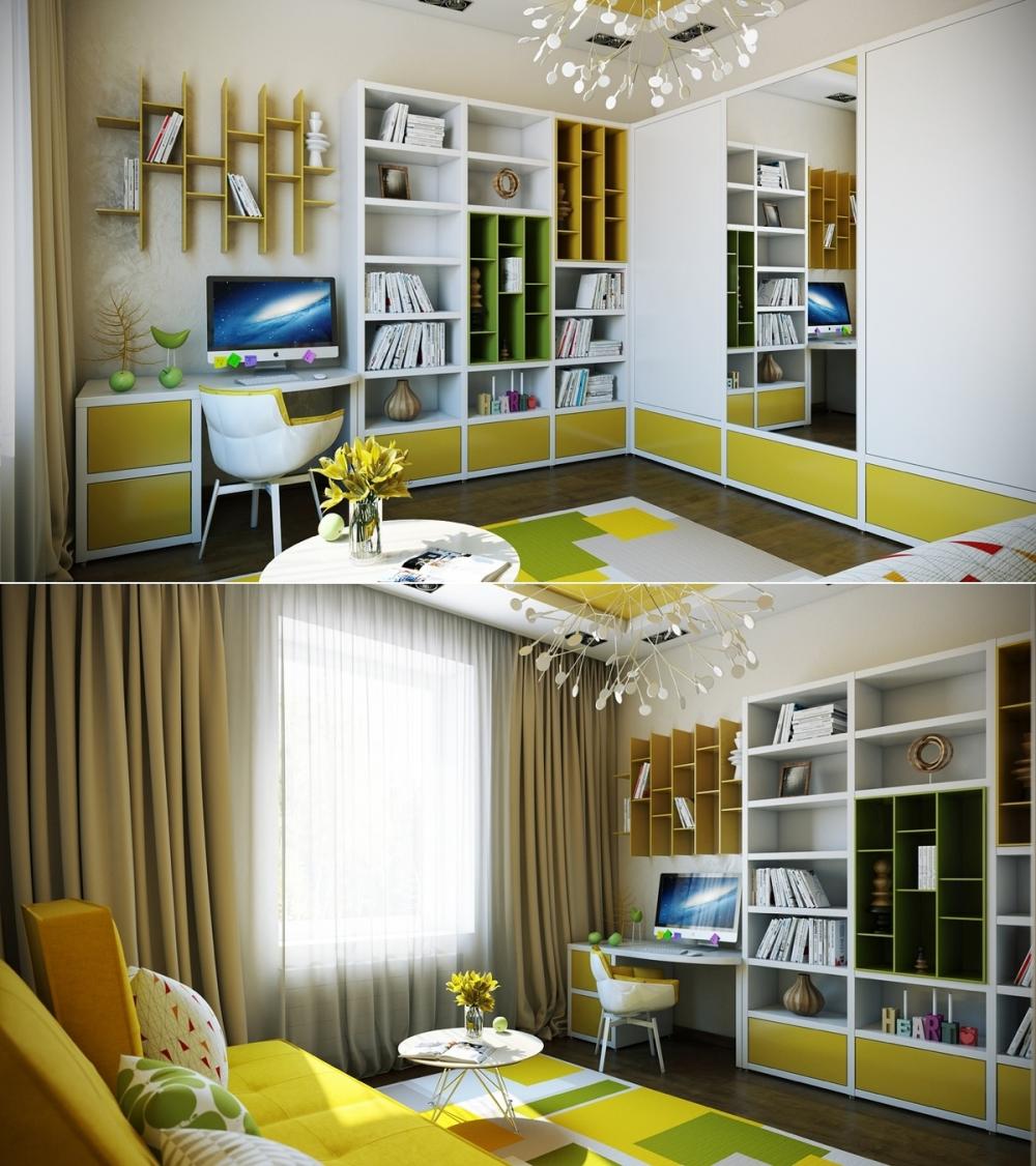 phòng ngủ kết hợp tông màu vàng chanh và xanh nõn chuối