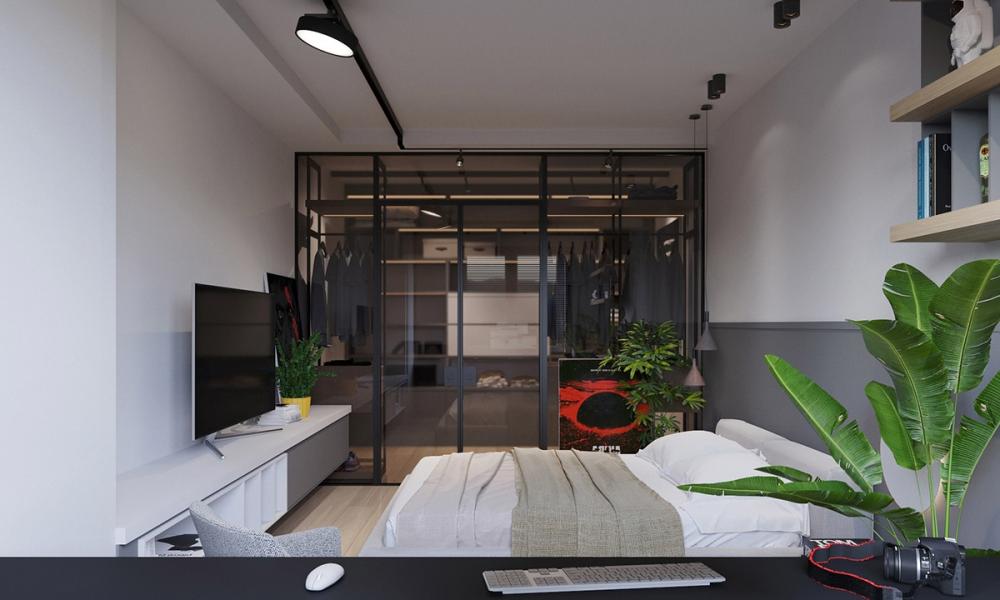 phòng ngủ trong căn hộ phong cách công nghiệp