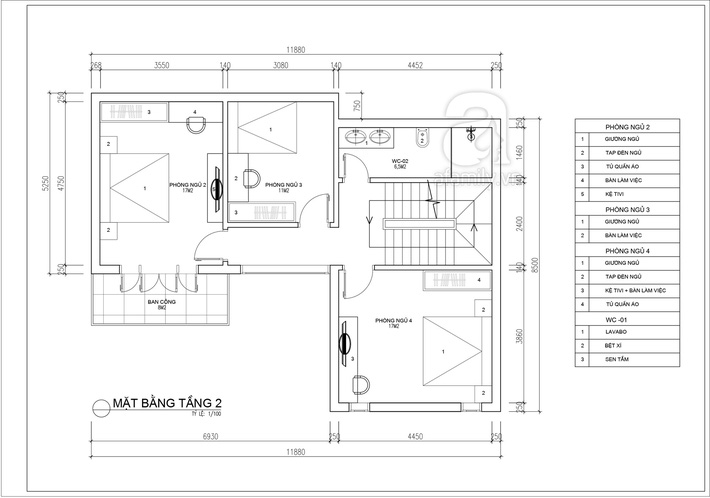 mặt bằng tầng 2 nhà ống