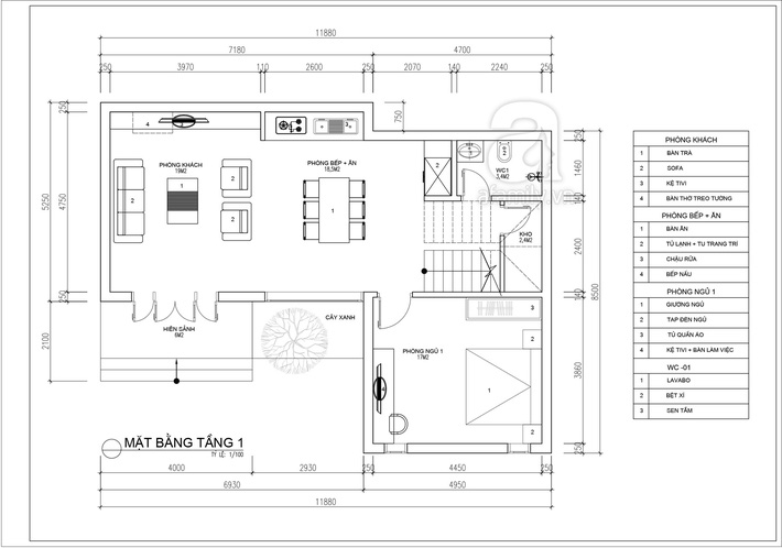 mặt bằng tầng 1 nhà ống 