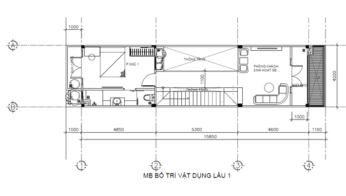 mặt bằng nội thất tầng 2 nhà ống